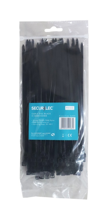 Black Cable Ties - 4.5mm x 200mm Pack 100