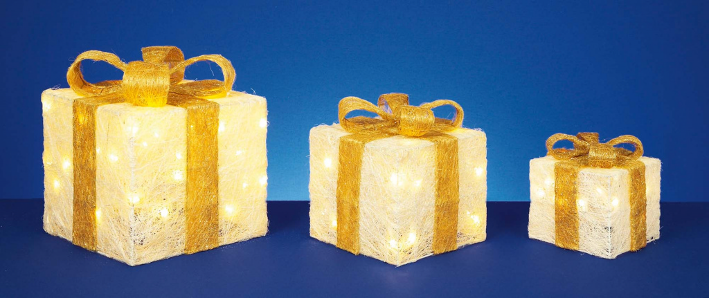 LED Glitter Parcels - 3 Piece Cream/Gold