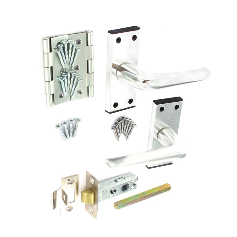 Aluminium Internal Door Handle Pack - 63mm Mortice Latch - 2 x 75mm Steel Butt Hinges